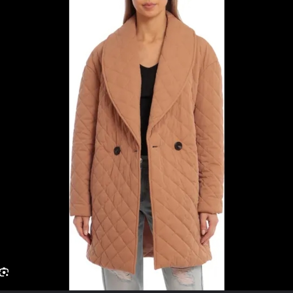 Avec Les Filles Quilted Double Breasted Peacoat Caramel Brown Coat Small